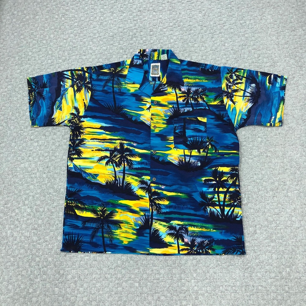 Ocean Current Shirt Mens Large Blue Hawaiian Tropical Beach Palm Tree Button Up